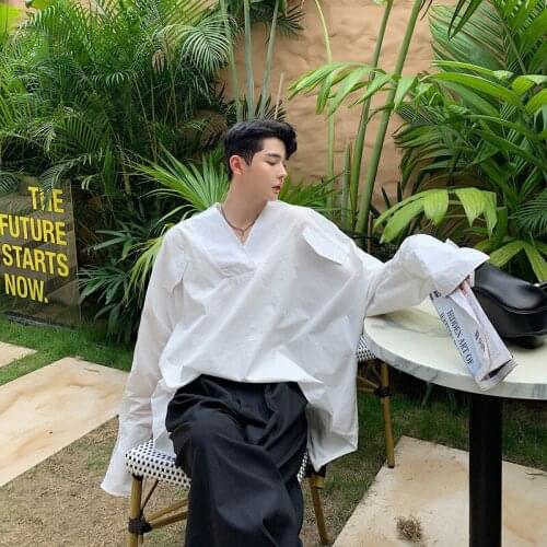 Mens Fashion V Neck Long Sleeve Loose Shirt Youth Casual Oversize Party Tops Black White