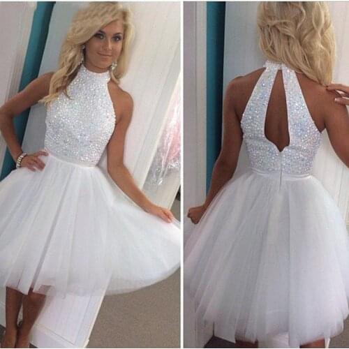 Luxury White Beaded Short Keyhole Back Prom Dresses 2019 A Line High Neck Plus Size Homecoming Party Dresses Formal Evening Vest