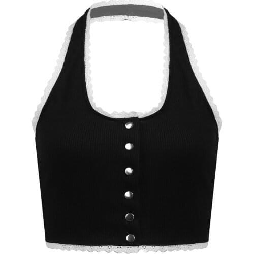 Harajuku Punk Halter Neck Crop Tops Y2k Lace Hem Patchwork Sexy Tank Top With Button Knitted Black Women Summer Streetwear Tops