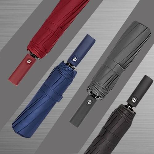 Tri-fold 12 Bones Fully Automatic Umbrella Fold Men Oversized Reinforce Sunny Rain Umbrella Black Coating Mens Business Gifts