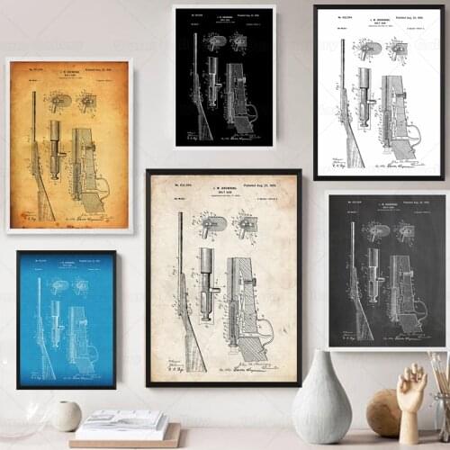 Vintage Bolzen Gun 1899 Patent Patent Jagd Blaupause Poster Leinwand Malerei Druck Wand Décor Living Home Kunst
