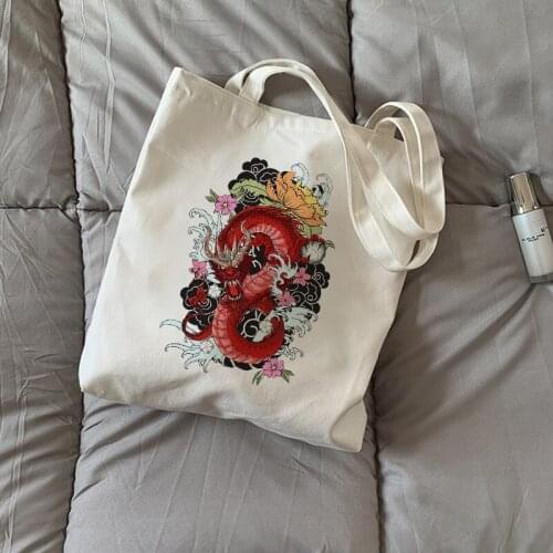 Woman Canvas Shoulder Bag Cute Cartoon Dragon Print Casual Fashion Punk Uzzang Upscale Harajuku Womens Hip Hop New