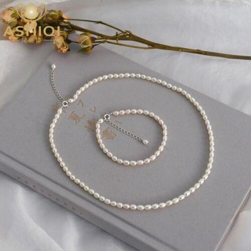ASHIQI 3-4mm Natural Freshwater Pearl Bridal Jewelry Sets for Women Wedding 925 Sterling Silver Jewelry