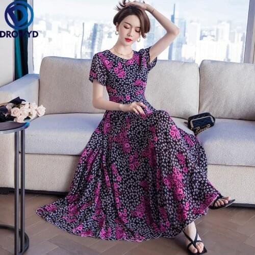 2021 Vintage Elegant Womens Party 3XL Chiffon Plus Size Short Sleeve Female Slim Casual Long Summer Print Vestidos Dress Robe
