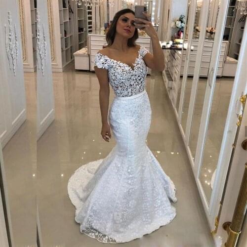 2021 Illusion Lace Mermaid Pearls Wedding Dresses Cap Sleeve See Through Bridal Gown Custom Made Plus Size