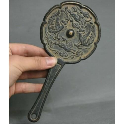 7.6" Old China Bronze Copper Dynasty God Beast Phoenix Appearance Carding Mirror Statues for Decoration Collection Ornaments