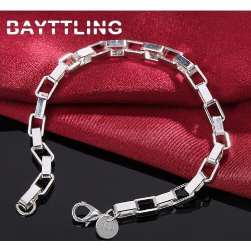 BAYTTLING 8 Inch 925 Sterling Silver 5MM Rectangle Box Chain Bracelet For Woman Man Fashion Wedding Party Jewelry Gift