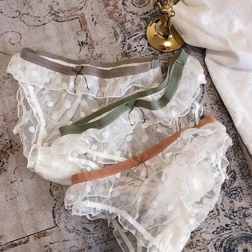 Wriufred Little cute white polka dot panties mesh transparent flying edge low-waist briefs girl student Korean style underpants