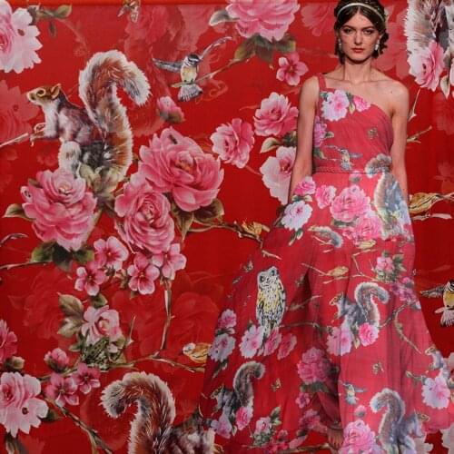 White waxberry Owl Squirrel Printed Silk Chiffon 100%Silk Garment Materials Summer Women Dress Sewing Cloth Tailor Freeshipping