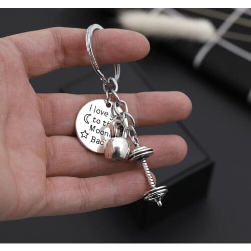 Bodybuilding Keychain Jewelry Barbell Dumbbell Kettlebell Pendant Key Chain love you to the moon & back Engraved Key Ring