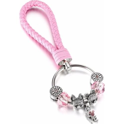 KEORMA High Quality Boutique Cartoon Mouses Charms Beads Lovely Pink Leather Chain Key Chain for Women Fine Key Chain Accessory