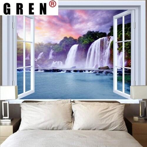 GREN Landscape Tapestries Outside The Window Tapestry Mountain Lake Sunset Wave Wall Art Hanging Mandala Cloth Carpet Home Decor