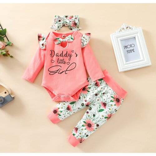 Autumn Clothes For Newborns 3Pcs Cotton Sets Cutout Letter Long Sleeve Romper Floral Pants Headband Clothing For Girls