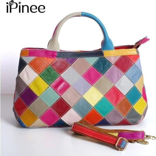 IPinee Large Cowhide Women Bag Genuine Leather Tote Patchwork Bags Designer Handbag BlackFree Shipping