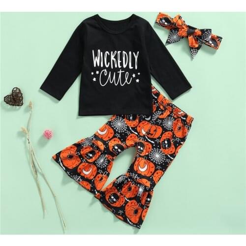 Little Girls T-shirt and Trousers Halloween Suit, Letter Long Sleeve Tops and Pumpkin Print Trumpet Pants with Headband, 0-3Y