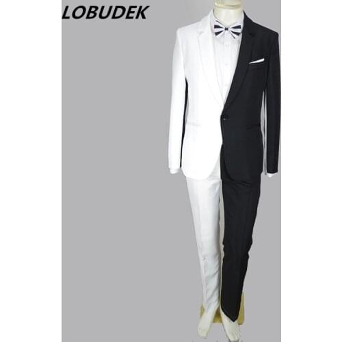 Irregular Black White Splicing Mens Suit Adult Singer Compere Stage Costume Male Magician Clown Personality Performance Outfit