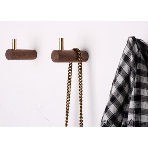 Nordic Black Walnut Hook Brass Pure Copper Coat Rack Single Hook Bathroom Wall Decoration Japan Style Wooden Solid Wood Hook
