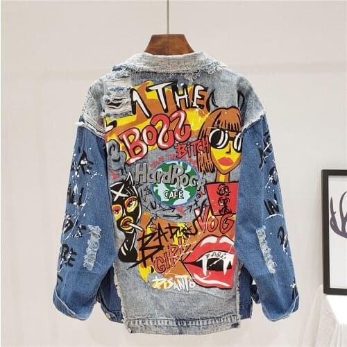 Fashion Denim Jacket Women Graffiti Print Holes Long Sleeve Denim Coat Loose Splice Short Jeans Jacket Outwear Streetwear Female