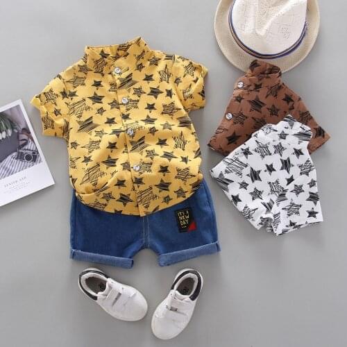 Summer Toddler Infant Kids Baby Boys Clothes Short Sleeve Stars Pattern Lapel Shirt Tops+ Denim Pants Gentleman Outfit Set#p4