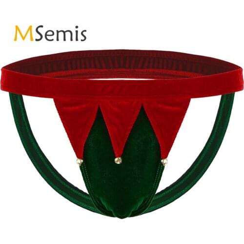 Mens Lingerie Christmas Underwear Soft Velvet Low Rise Elastic Waistband Open Butt Jockstrap G-string Thong Briefs Panties
