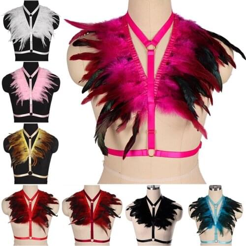 Natural Feather Festival Rave Women Body Harness Strappy Bra Pastel Goth Art Clothing Adjust Womens Underwear