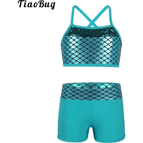 Summer 2PCS Kids Girls Mermaid Scales Printed Tankini Outfit Sleeveless Sequins Tank Top With Bottoms Set For Ballet Dance Gym