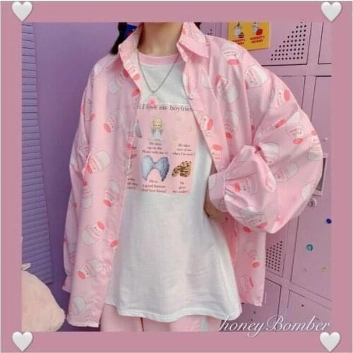New Fashion Korean Style Blouse Women Vintage Kawaii Print Button Up Shirt Autumn 2021 Long Sleeve Cute Loose Women Shirts
