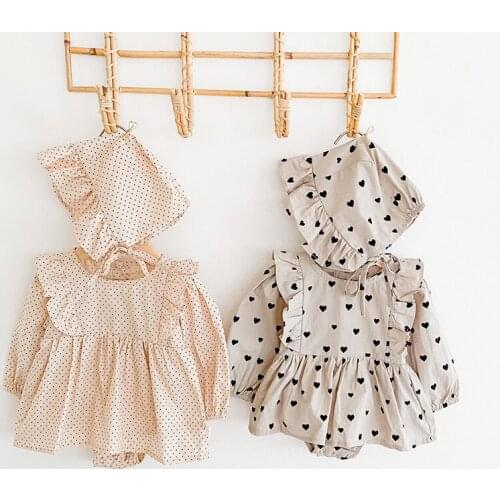 Autumn baby bodysuit long sleeve newborn baby clothes heart print bodysuit and hat pure cotton baby outfit