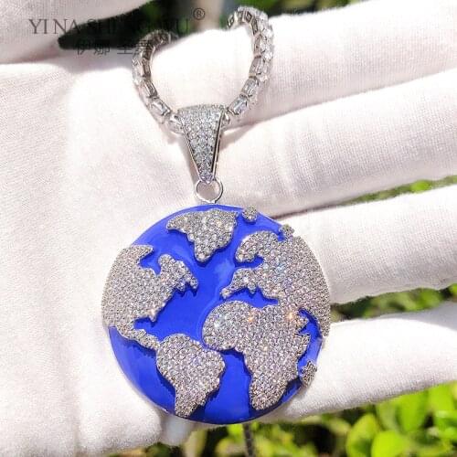 European and American Popular Hip Hop Fashion Blue Earth Rhinestone Pendant Necklace Creative Design Mens Rock Party Jewelry