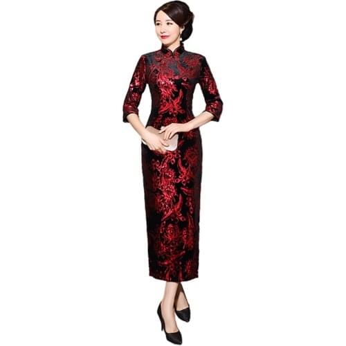 2020 Women 3/4 Sleeve Long Split Floral Printed Chinese Cheongsam Midi Slim Dress Womens clothing женское платье vestidos