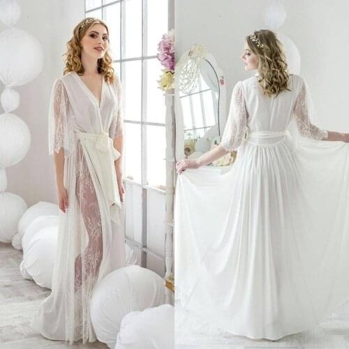Stunning Ivory Bridal Robes Women Sleepwear Honeymoon Lingerie Lace Robe Short Sleeve Bathrobe Nightwear Babydoll Dress Boudoir