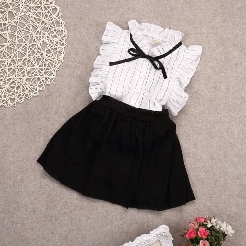 UK Fashion Summer 2PCS Baby Girls Clothes Striped Ruffle Sleeve Shirt Black Skirt Shorts Kids Outfits 2-7Years
