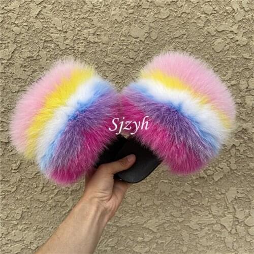 Womens Summer Luxury Fluffy Slides Childrens/Kids Furry Fox Fur Slippers Ladies Plush Sandals Female Big Flip Flops Wholesale