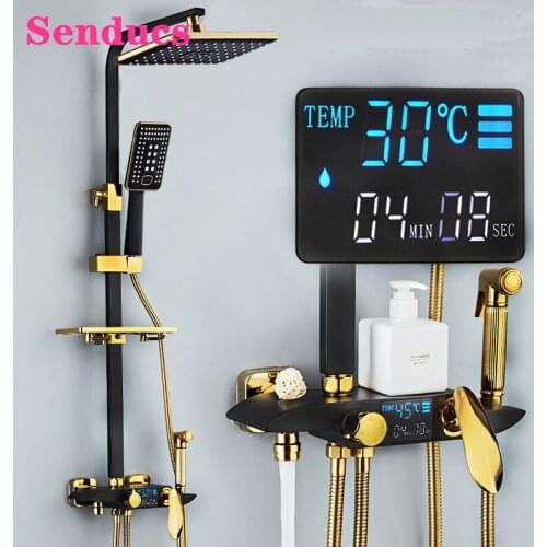 Thermostatic Shower System Senducs ABS Hand Shower 10 Inch Shower Head Rainfall Shower Suit Luxury Bathroom Digital Shower Set