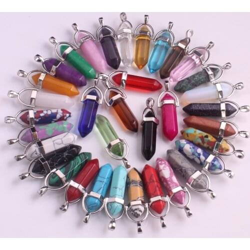 24PCS Healing Point Chakra Pendants Hexagonal Bullet Stone Pendulum Beads Crystal Pendant Necklace For Women Jewelry Making