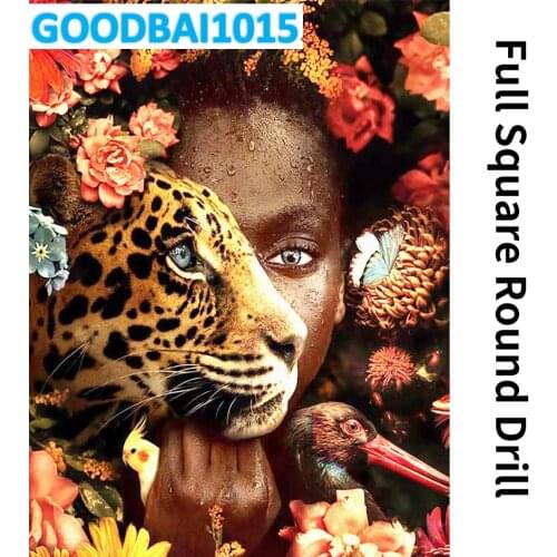 Woman and Leopard DIY Diamond Mosaic Cross Stitch Kits 5D Diamond Painting Embroidery Wall Art Living Room Home Decor