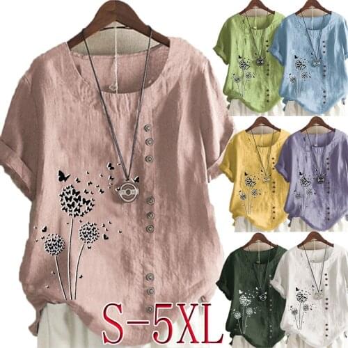 Womens New Fashion Summer Floral Printed Round Neck Short Sleeve T-shirt Casual Loose Solid Color Blouse Tops Plus Size