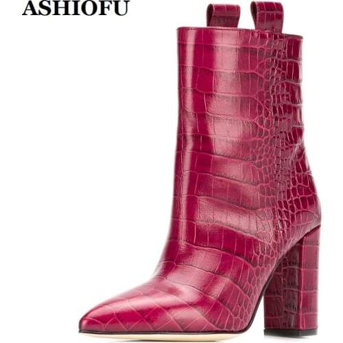 ASHIOFU Handmade Vintage Style Ladies Chunky Heel Boots Classic Party Prom Pointy Ankle Booties Evening Fashion Short Boot Shoes