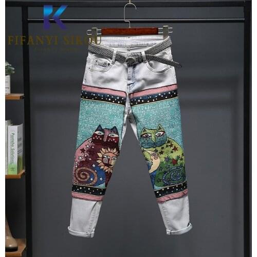 Autumn Women Denim Pencil Pants High Waist Jeans Cartoon Embroidery Fashion Spliced Washed Jeans Womens Plus Size Stretch Jeans