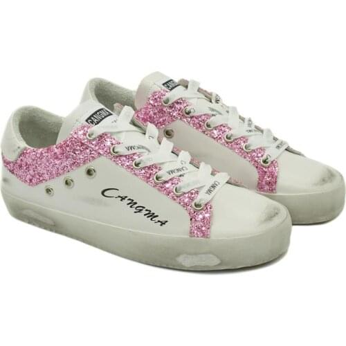 CANGMA Luxury Brand Super Star Womens Sneaker White Genuine Leather Casual Shoes Woman Pink Glitter Flat Female Sneakers