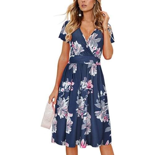 Womens New Summer Printed Dress V-neck Design Temperament Mid Length Dress High Waist Fashion Dress Vestidos De Verano #G3