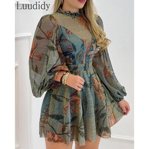 Women Floral Print Lantern Sleeve Frill Hem Mesh Dress