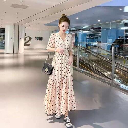 Summer new womens chiffon polka dot floral dress 2021 temperament French V-neck high waist ruffle dress womens clothing