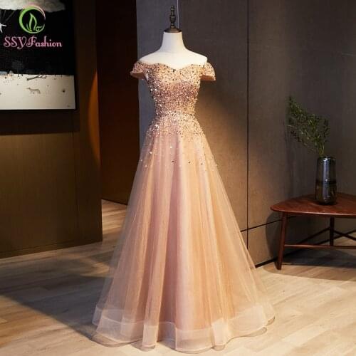 SSYFashion Gold Evening Dress for Women Luxury Sequins Beading A-line Long Prom Formal Gowns for Women Vestidos De Noche