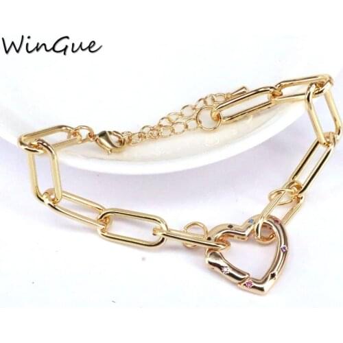 Gold Color snap clasp charm bracelet, heart / star/ oval / square shape cz charm connector rolo chain adjustable bracelet