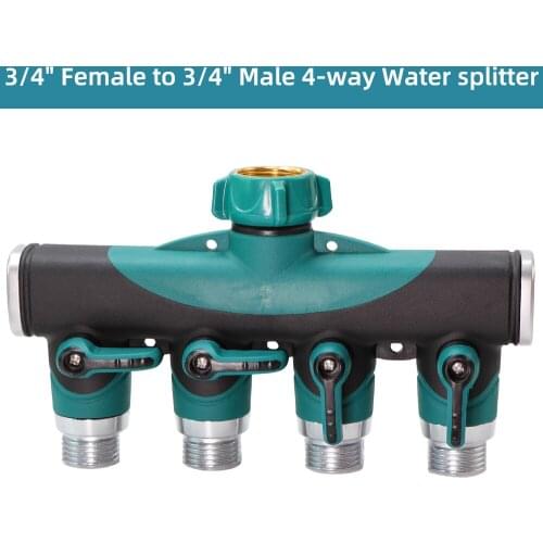 4-Way Water Splitter 3/4'' Solid Connector NPT BSP Thread Garden Hose Zinc Alloy Body Shut Off Valve Faucet Adapter w/ Rubber