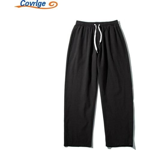 Covrlge Mens Pants Japanese Style Loose Casual Comfortable All-match Large Size Ice Silk Straight Cropped Trousers MKX110