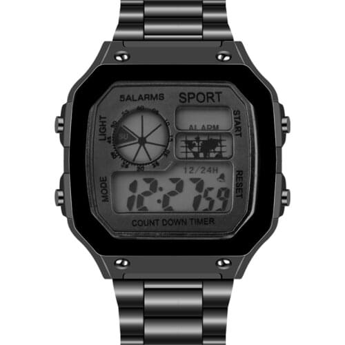 Watches Men Waterproof LCD Colorful Cold Light Watch Stainless Steel Business Digital Watch 5 Alarm Clock World Time Watches