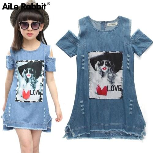 Children Dresses For Girls Denim Dress Summer Strapless Dress Pattern Girls Clothing Short Sleeve Child Clothes Denim T-Shirts