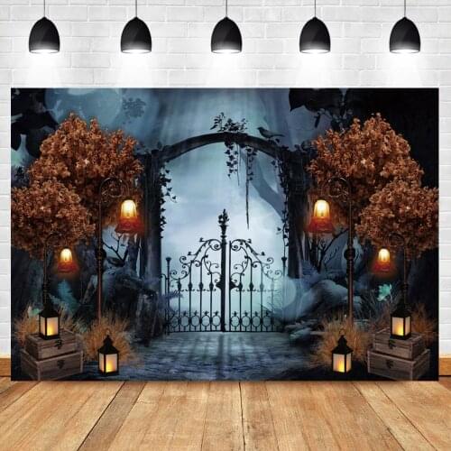 Halloween Backdrop Autumn Forest Lattern Park Iron Gate Family Shoot Photozone Photography Background Photocall For Photo Studio